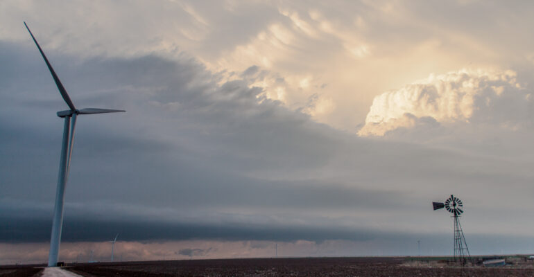 Old and new windmills in front of a supercell in the Texas Panhandle on April 12, 2015