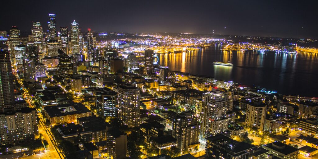 Skyline of Seattle at night from the space needle