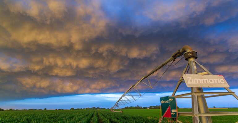 Irrigation System as a storm rolls over at sunset in Central Nebraska