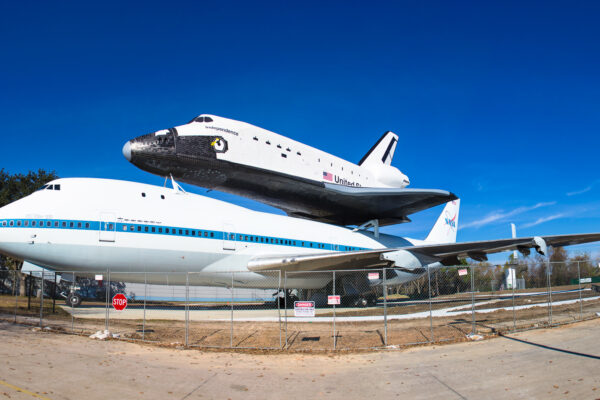The 747 that carried the space shuttle cross country and the Independence mock up on the back