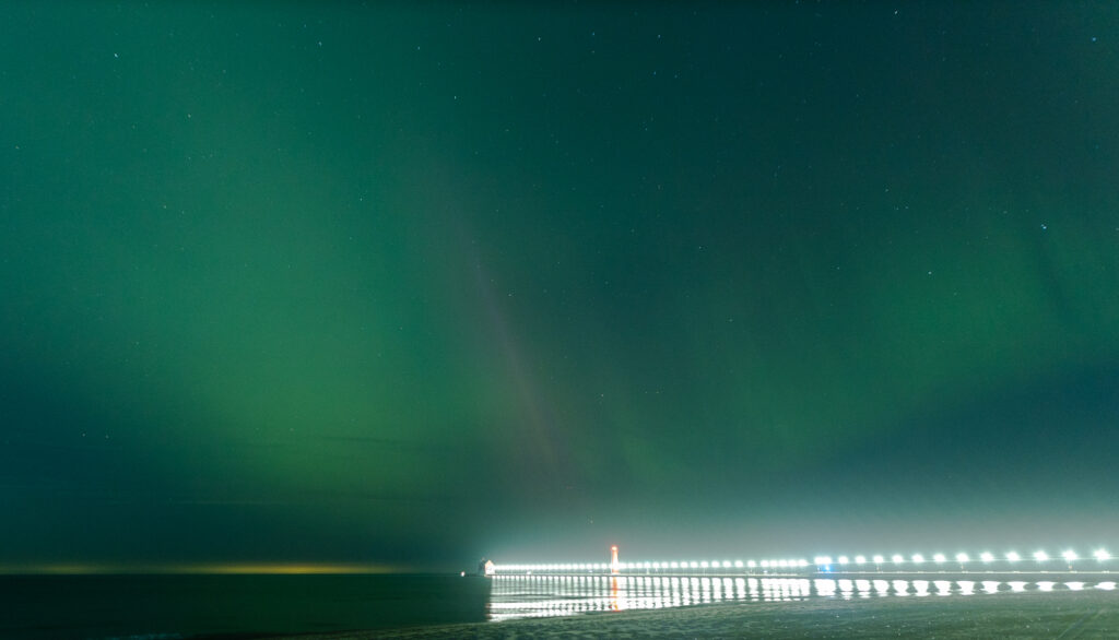 Grand Haven Pier with Auroras Overhead